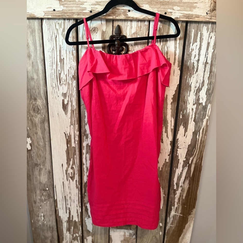 Ann Taylor Loft Linen Cotton slip dress pink ruffle spaghetti strap size 10 pink